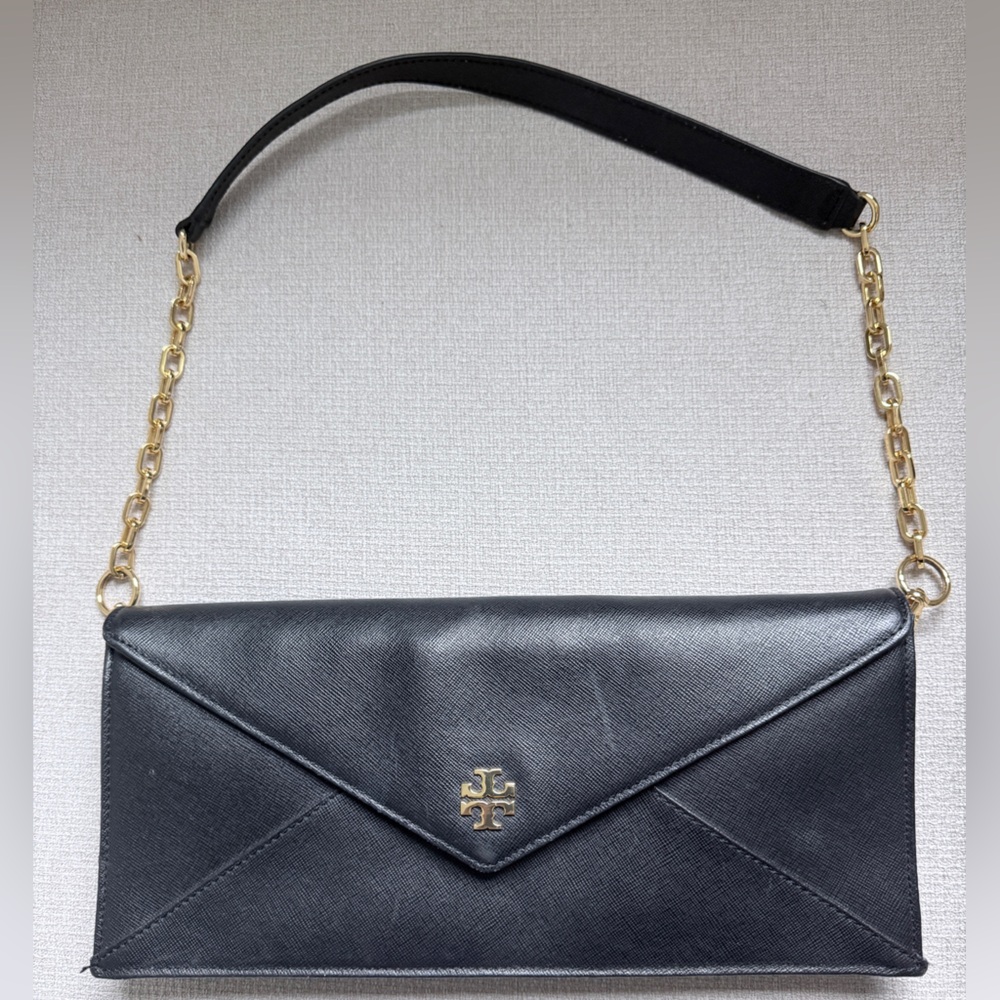 Tory Burch Black Leather Shoulder Bag with Gold Chain